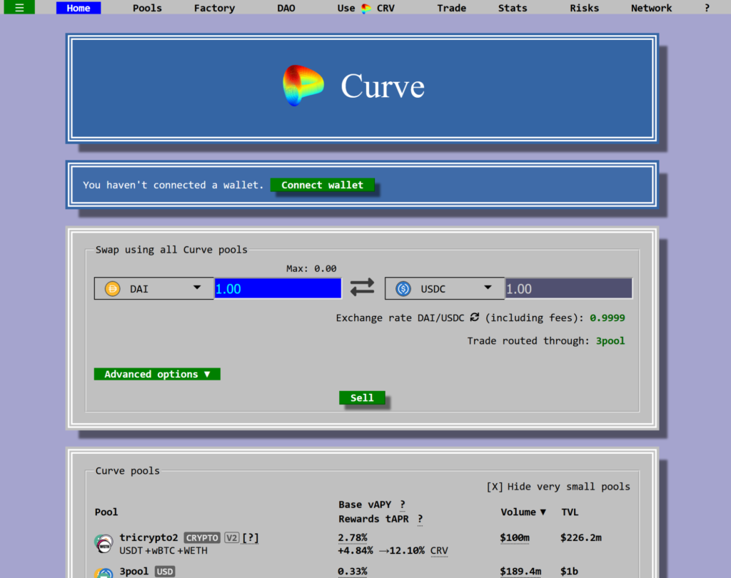 Curve Finance DEX homepage